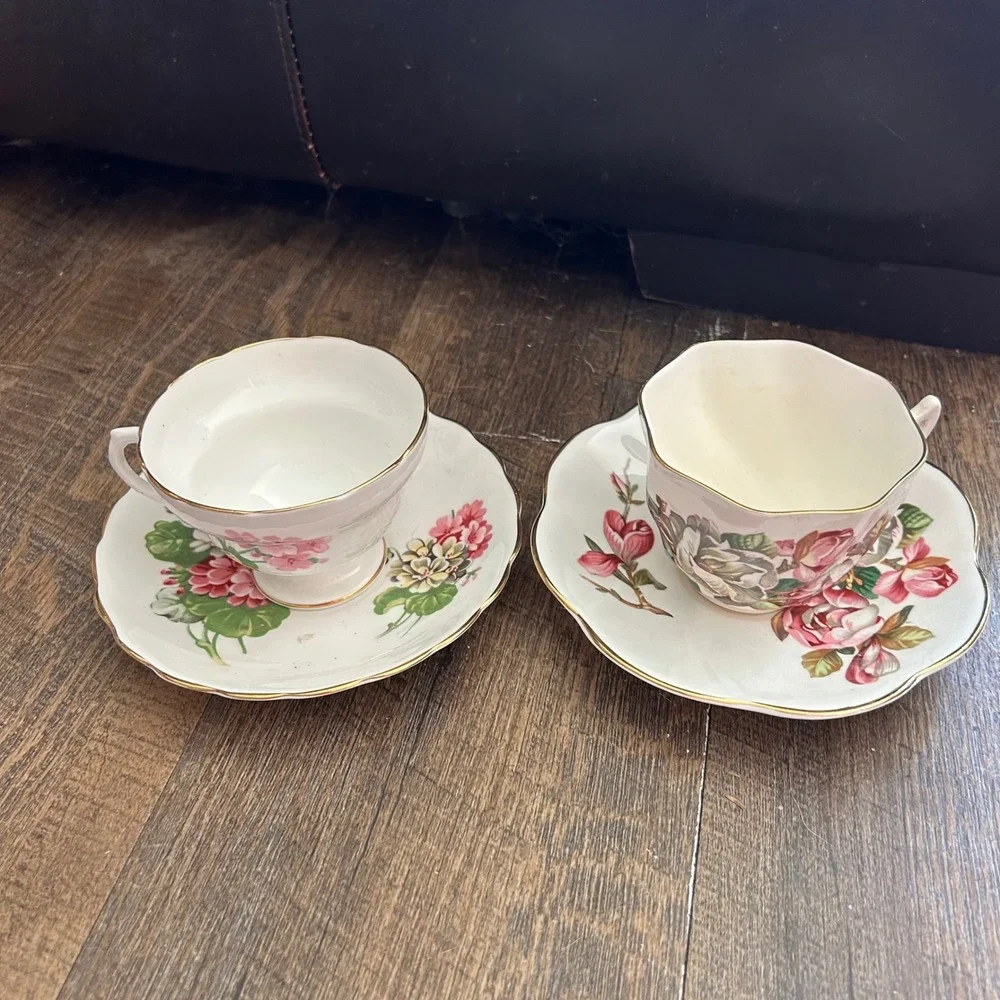 Lefton Bone China Teacup Saucer Sets Made in England Floral Gold Trim 2 Pairs